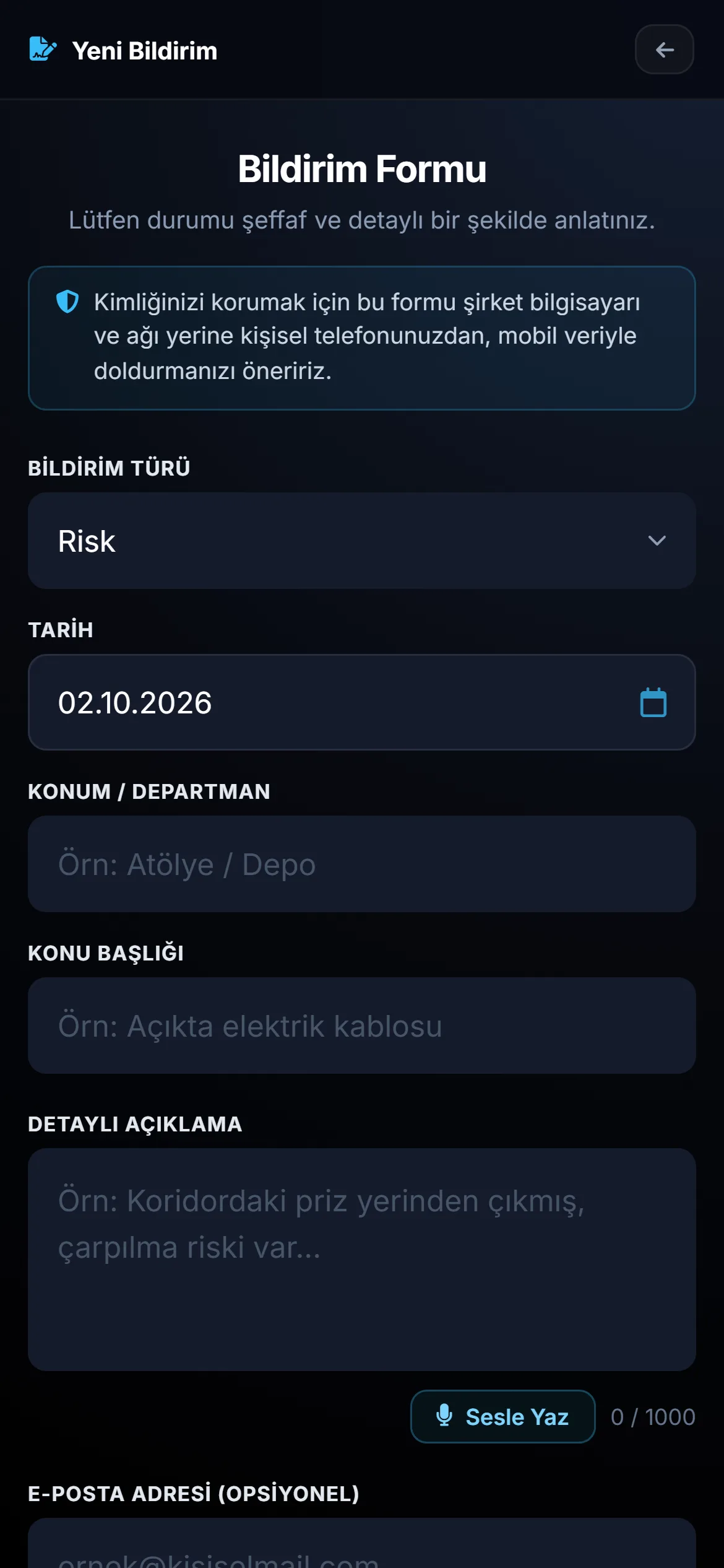 Çalışanın telefondaki bildirim formu
